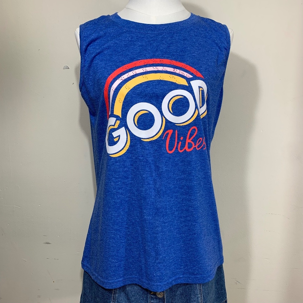 Unbranded Good Vibes Graphic Tank Top Womens Small Blue Rainbow‎ Muscle Tee